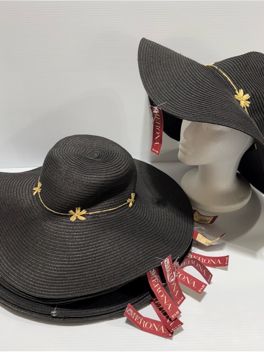 Lot of 12 Merona Women's Floppy Woven Sun Beach Hat Black Wide Brim 17” NWT NEW